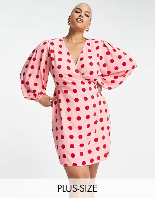 Glamorous Curve mini long sleeve wrap dress in pink red spot | ASOS | ASOS (Global)