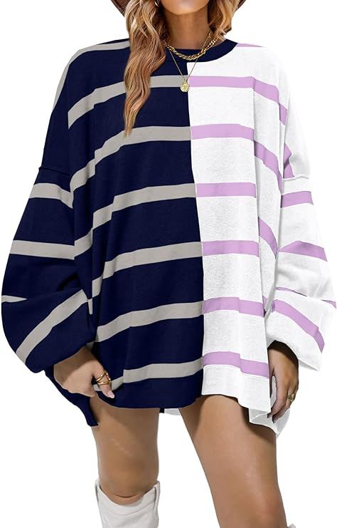 Fisoew Womens Striped Pullover Sweater Crew Neck Long Sleeve Knitted Color Block Casual Loose Lig... | Amazon (US)