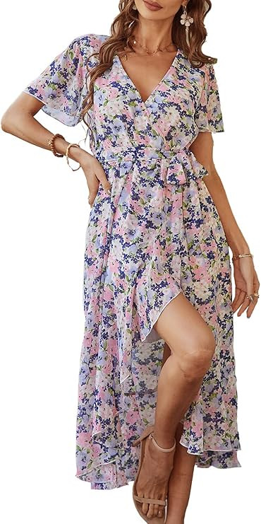 PRETTYGARDEN Women's Floral Summer Dress Wrap V Neck Short Sleeve Belted Ruffle Hem A-Line Bohemi... | Amazon (US)