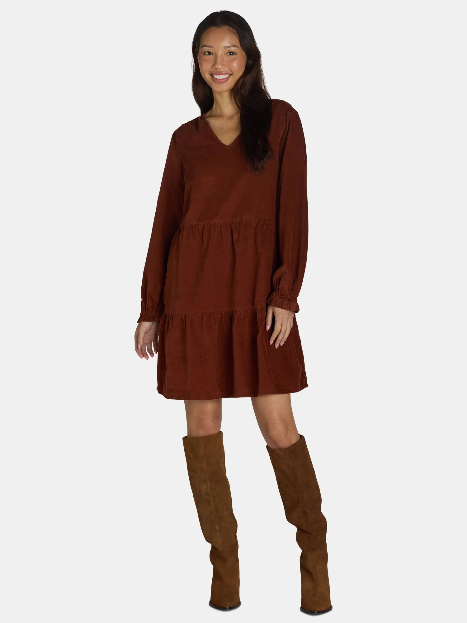 Time and Tru Women's and Women's Plus Cotton Corduroy Tiered Dress, Sizes XS-4X | Walmart (US)