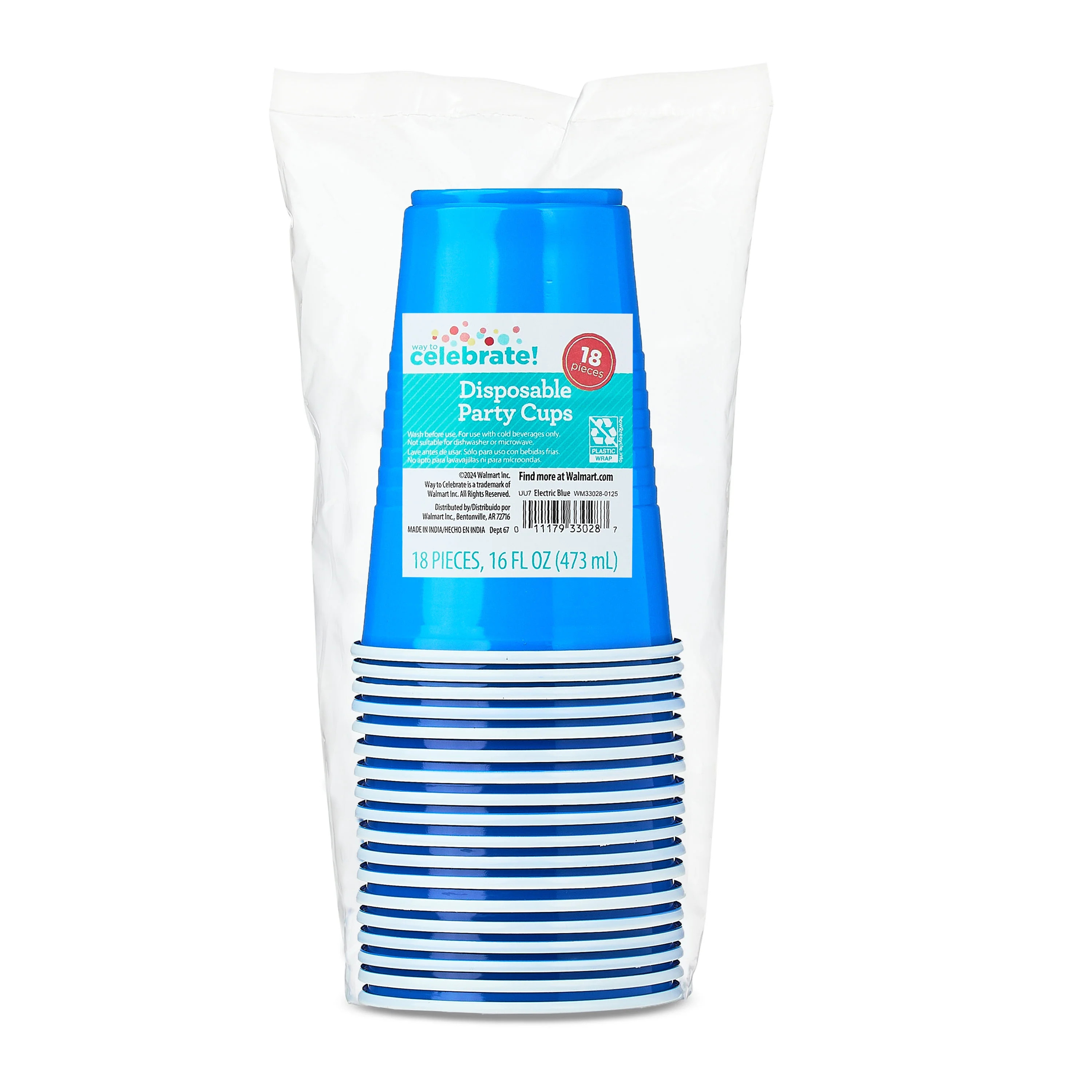 Plastic Disposable Party Cups, Electric Blue, 16 fl oz, 18 Pieces, by Way To Celebrate | Walmart (US)