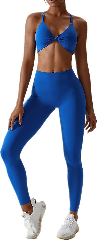 ABOCIW Workout Sets for Women Twist Front Halter Sports Bras High Waist Legging 2 Piece Exercise ... | Amazon (US)