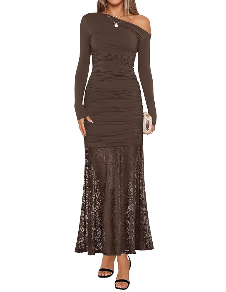 ZESICA Women's Long Sleeve Off Shoulder Bodycon Dresses Fall 2025 Ruched Lace Wedding Guest Cockt... | Amazon (US)