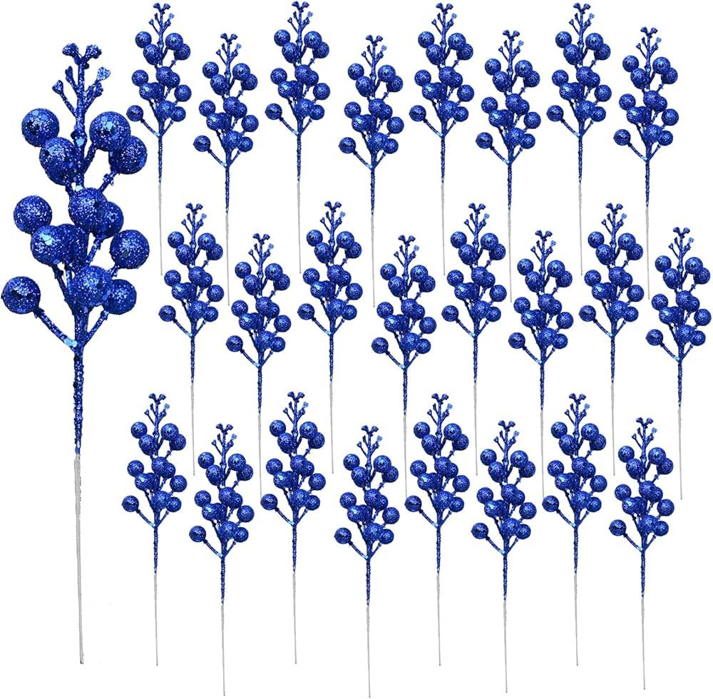 Huisipool 24 Pieces Christmas Blue Glitter Berries Stems, 8.3 Inch Artificial Berry Twig Stem Ber... | Amazon (US)