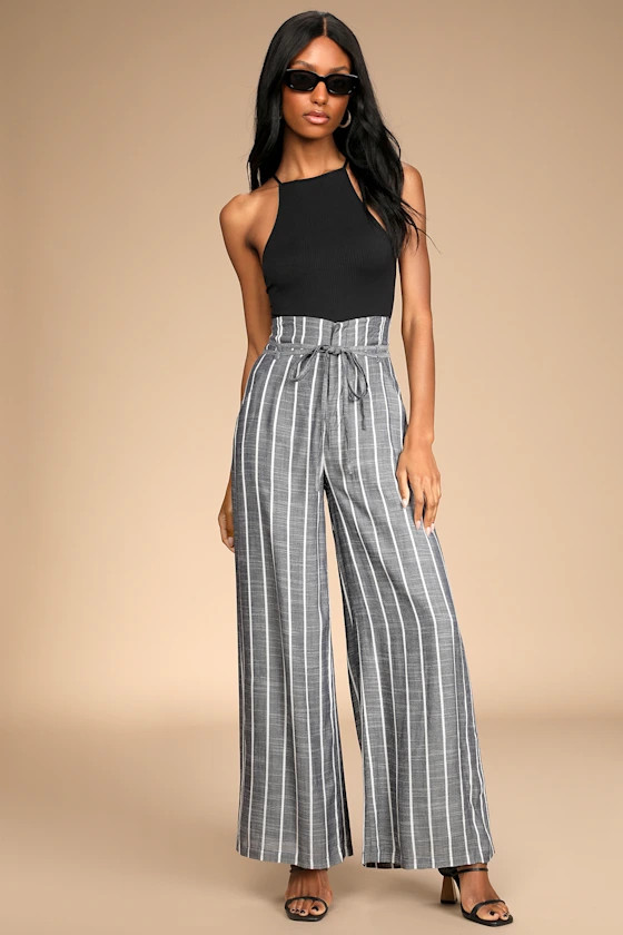 Day by Day Navy Blue Striped High-Waisted Wide Leg Pants | Lulus