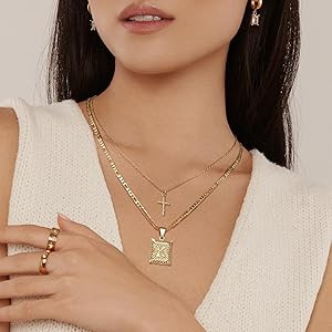 Amazon.com: KELORIS PATH Gold Layered Initial Cross Necklace, 14K Gold Plated Layering Square Let... | Amazon (US)
