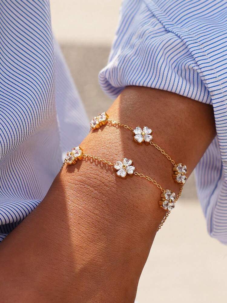 Frminee 1pc Lucky Zirconia Gold Stainless Steel Bracelet, Clover Bracelet, Vintage Geometric Wome... | SHEIN