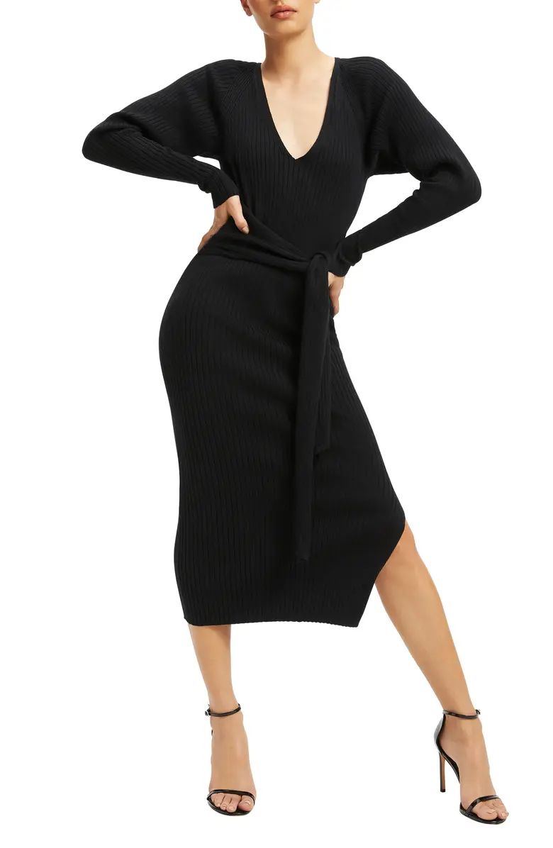 Belted Long Sleeve Cotton Blend Rib Body-Con Dress | Nordstrom