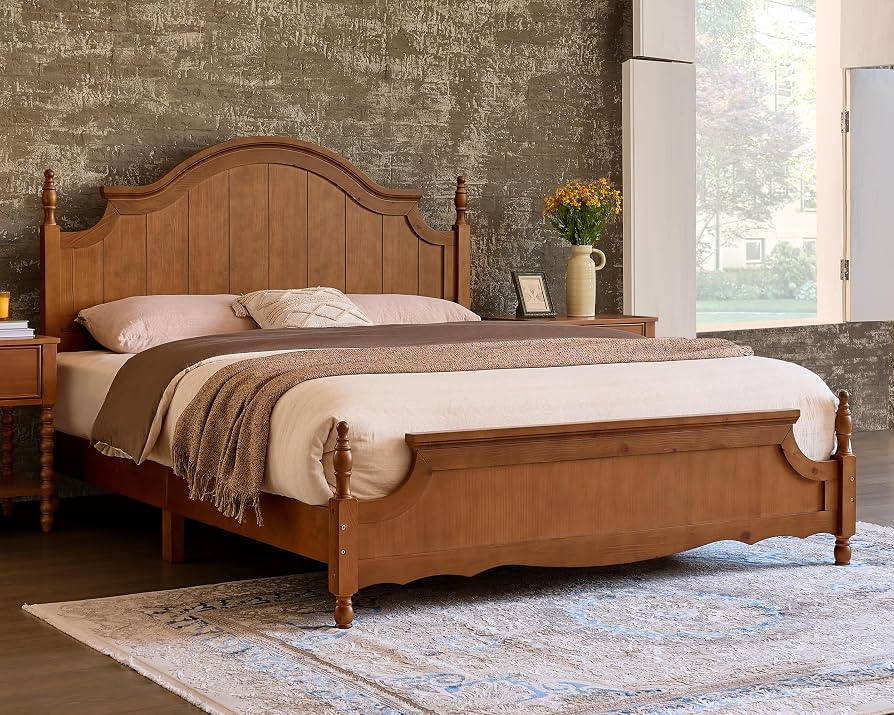 LUXOAK King Size Solid Wood Poster Bed, 55" Arched Headboard, Caramel | Amazon (US)