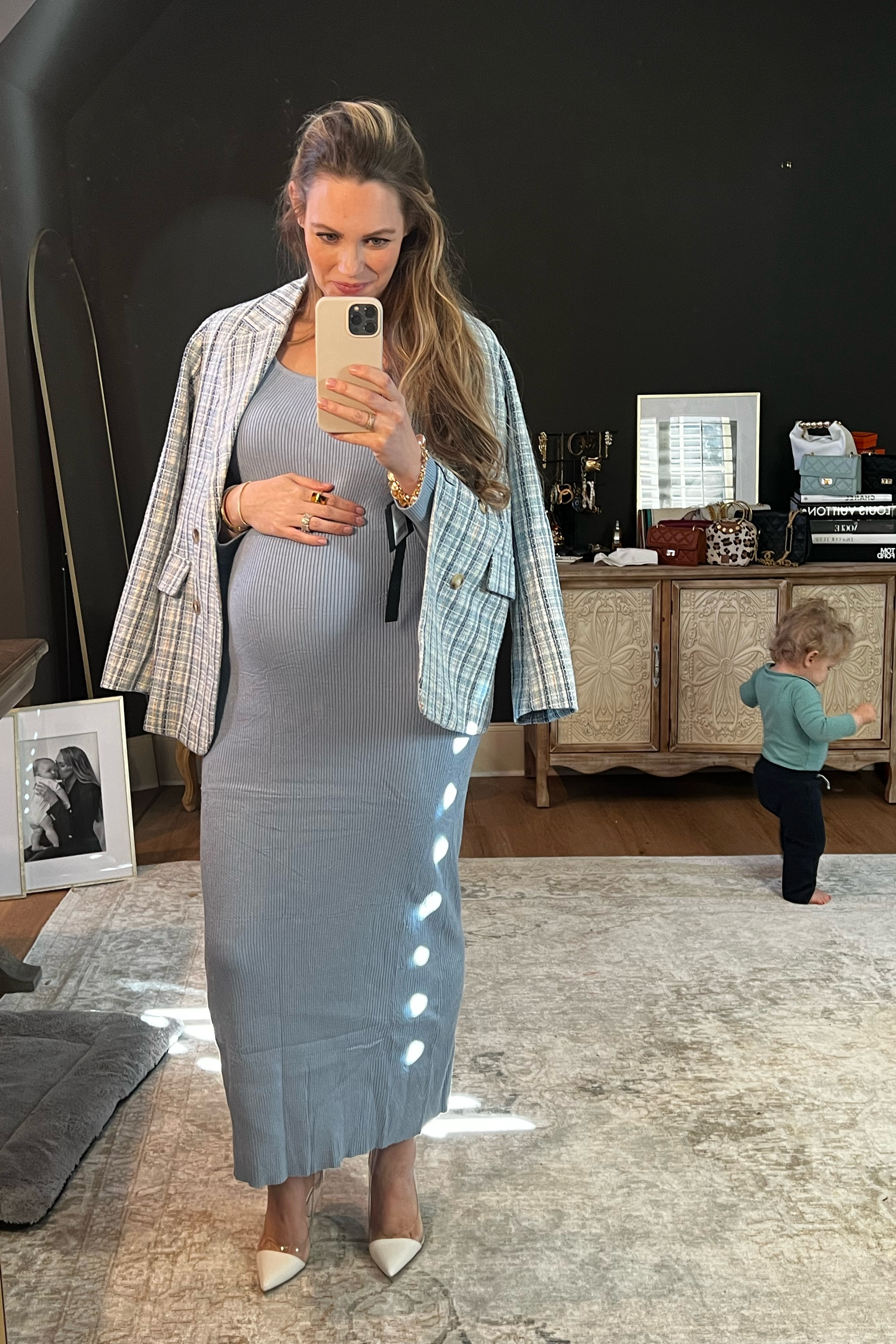 The perfect transitional dress! A great thicker knit, but not too thick, long sleeve, and a great length. Paired with this order baby blue bouclee blazer — it’s a non-maternity dress that is very bump friendly and would be a great work outfit or baby shower outfit! 

#LTKBump #LTKStyleTip #LTKWorkwear