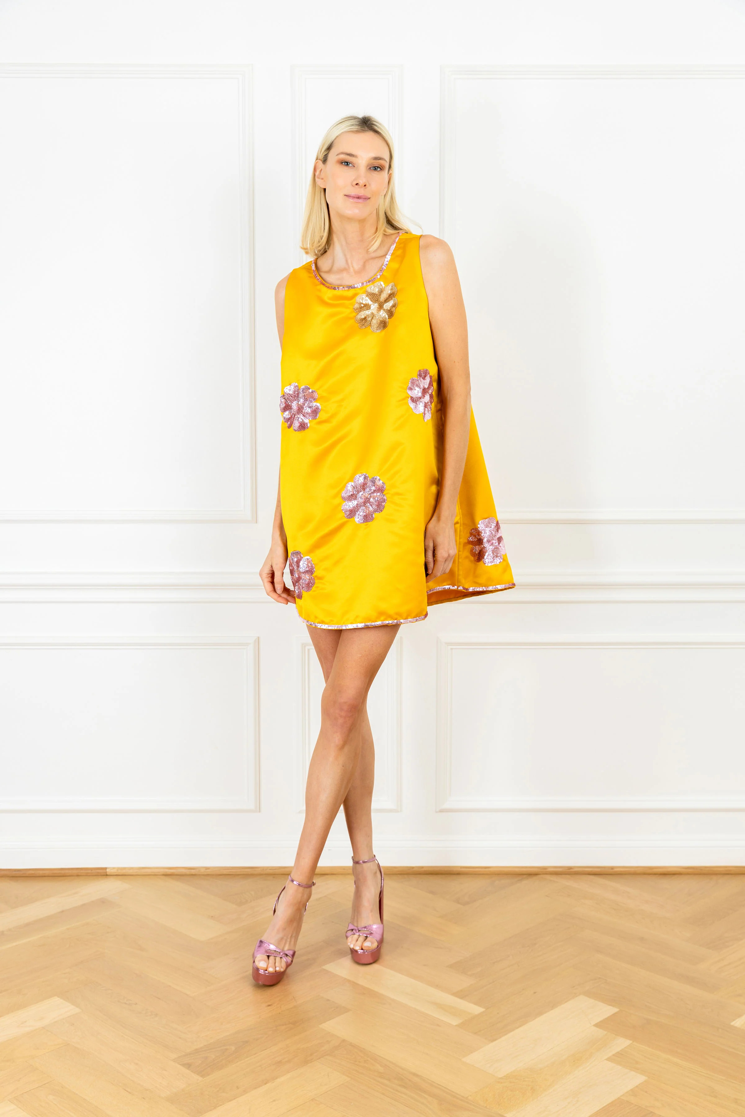 Marigold Sequin Mods Mini A-Line Dress | La Vie Style House