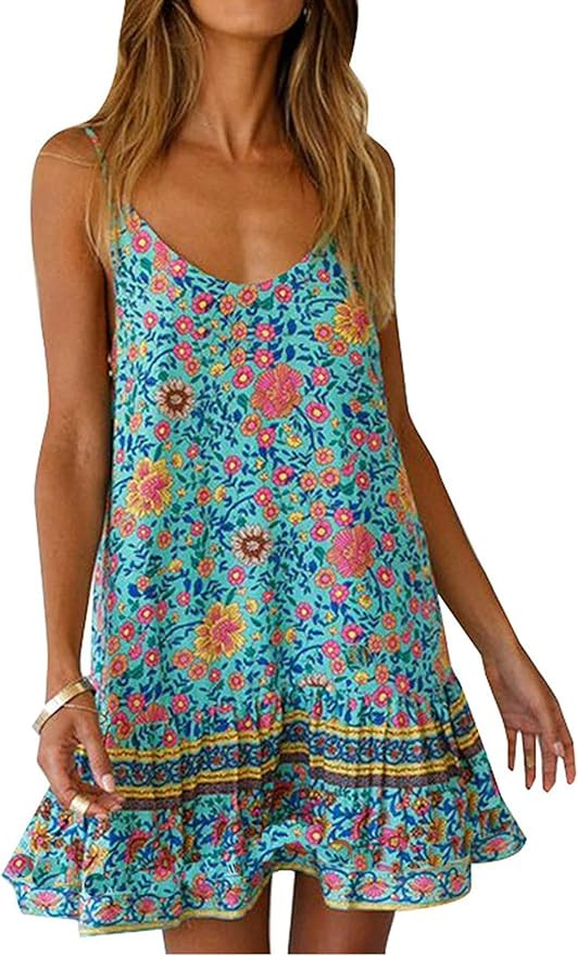 Womens Boho Floral Printed Dress Summer Sleeveless Adjustable Strap Beach Mini Dress with Pockets | Amazon (US)