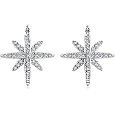 Starburst Stud Earrings North Star Studs White Plated Cubic Zirconia Brass Base 925 Sterling Silv... | Amazon (US)