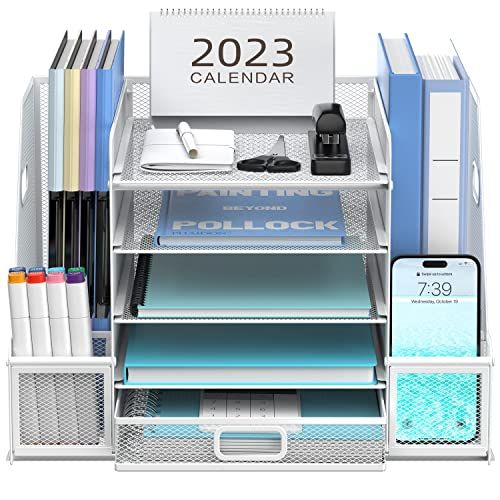 SUPEASY Mesh Desk Organizer with File Holder, 5-Tier Paper Letter Tray Organizer with Magazine Ho... | Amazon (US)
