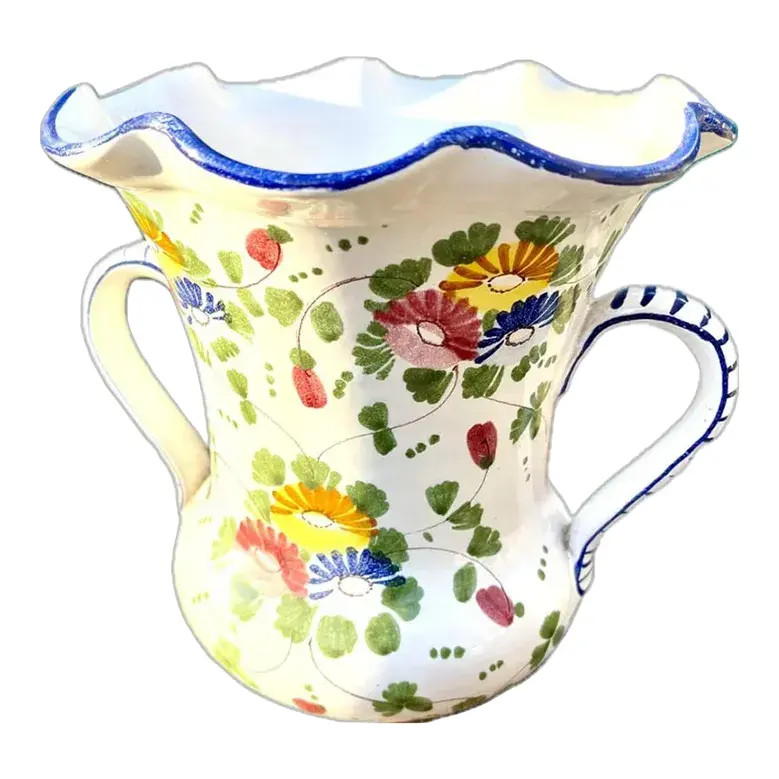 French Vintage Terracotta White and Blue Painted Flower Vase | Chairish