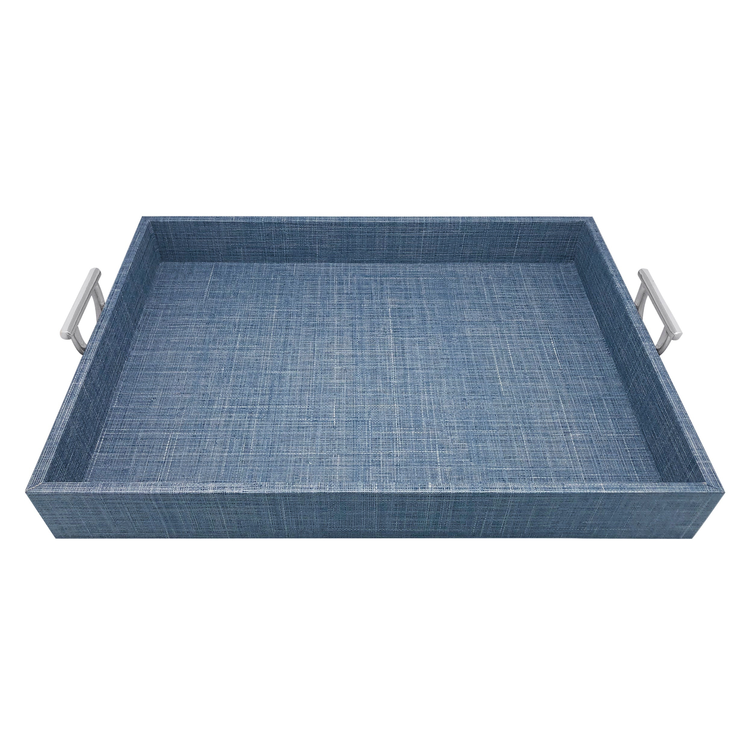 Heather Blue Faux Grasscloth Tray with Metal Handles | Mariposa