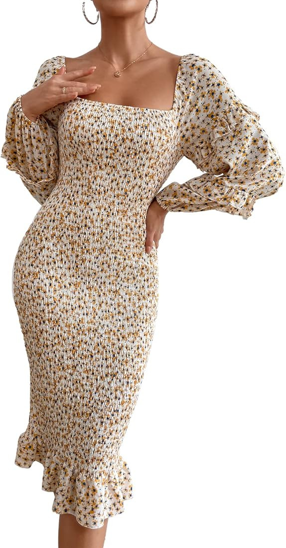 PRETTYGARDEN Women's Long Puff Sleeve Floral Midi Bodycon Dresses Square Neck Ruffle Mermaid Smoc... | Amazon (US)