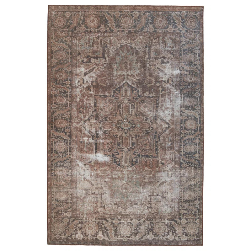 Machine Washable Minita Floral Power Loom Polyester Area Rug in Brown/Tan | Wayfair North America