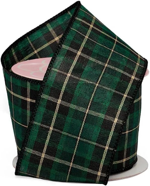Christmas Green Tartan Ribbon - 2 1/2" x 10 Yards, Wired Edge, Black & Green Plaid, Wreath, Xmas ... | Amazon (US)