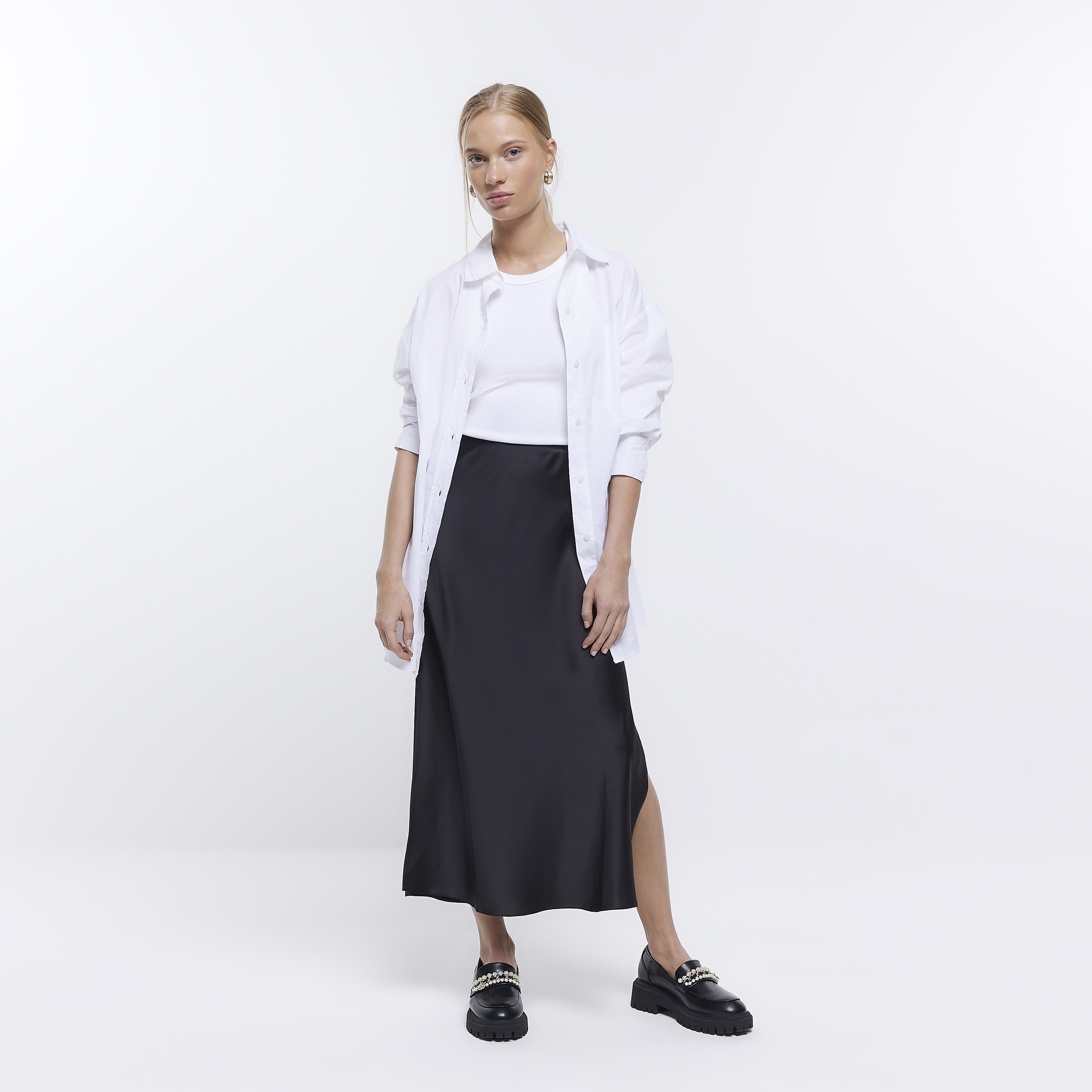 River Island Womens Petite Black Satin Midi Skirt | River Island (UK & IE)