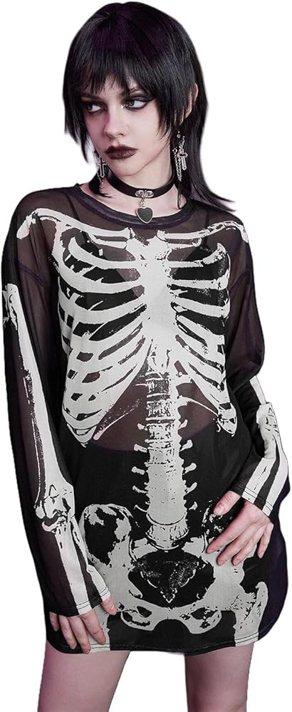 Women's Long Sleeve Halloween Skeleton Shirt See Through Sheer Mesh Top Blouse Rave Costume | Amazon (US)