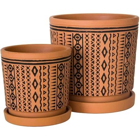 Set of 2, Terracotta Totem Design Planter Pot, 4 Inch and 6 Inch, Ceramic Plant Pot with Drainage Ho | Walmart (US)