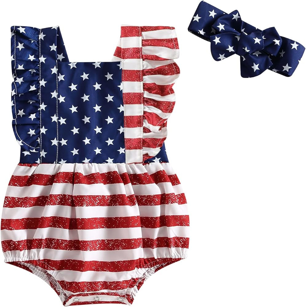 Newborn 4th of July Outfit Baby Boy USA American Flag Short Sleeve Fourth of July Romper First In... | Amazon (US)