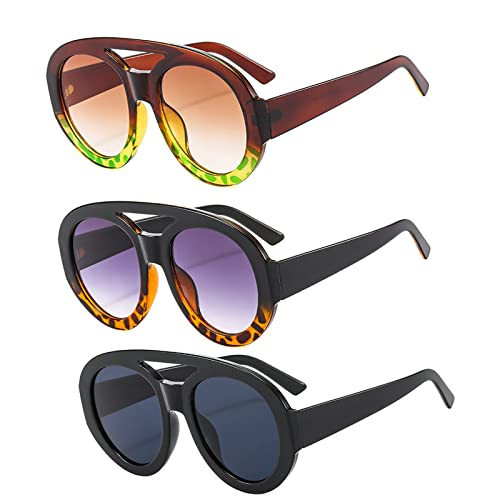 willochra vintage Double Bridges Women Round Sunglasses Fashion Gradient Shades UV400 Men Trending Punk Sun Glasses (3pcs-black&black leopard&brown green) | Amazon (US)