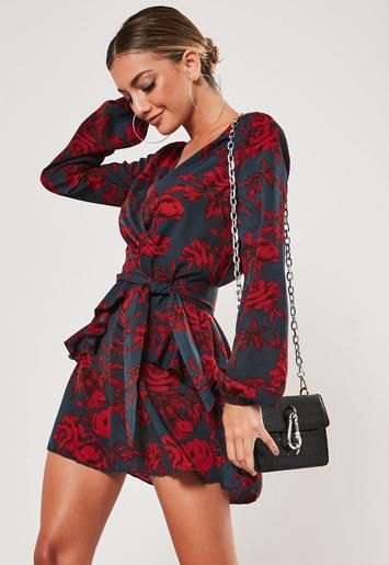 Red Floral Frill Waist V Neck Smock Dress | Missguided (US & CA)