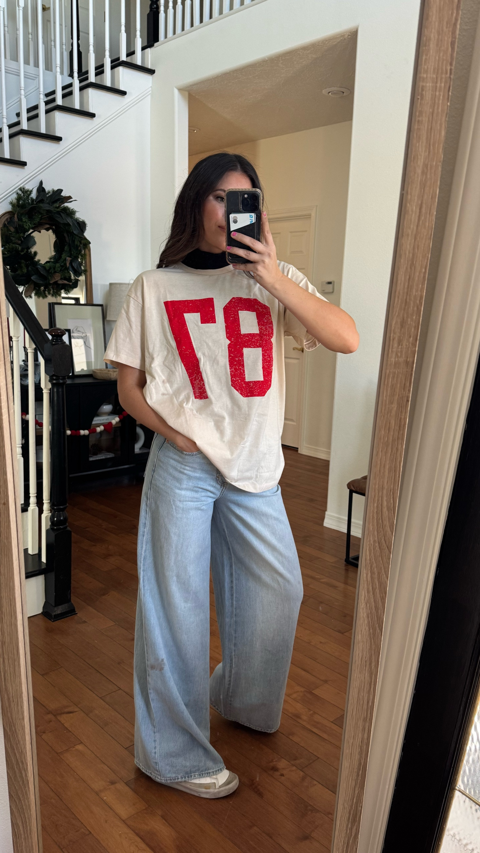 Love! Wearing XXL and only $12.99! Perfect for the Super Bowl! These wide leg jeans are so comfortable and under $40!

#LTKFindsUnder50 #LTKOver40
