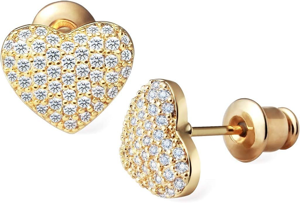 wowshow Heart Earrings Studs with Cubic Zirconia 14K Gold/White Gold/Rose Gold Plated Mini CZ Mic... | Amazon (US)