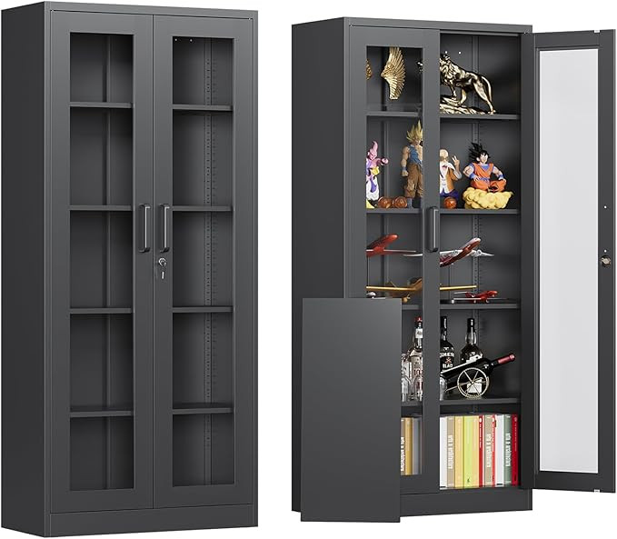 Locking Display Cabinet with Glass Door, 71”H Metal Curio Cabinets with Adjustable Shelves, Bla... | Amazon (US)