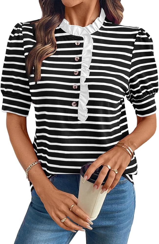 BLENCOT Summer T Shirt for Women Casual Puff Sleeve Button Down Ruffle Collar Striped Knit Blouse... | Amazon (US)