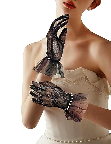 Women Short Lace Mesh Gloves Pearls Tulle Border Tea Party Gloves Black | Amazon (US)