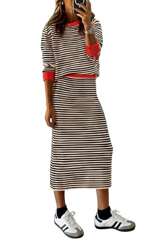 PRETTYGARDEN 2 Piece Skirts Sets For Women Fall Fashion 2025 Striped Sweater Dress Knit Lounge Travel Outfits Winter Clothing (Beige Stripe,XX-Large) | Amazon (US)