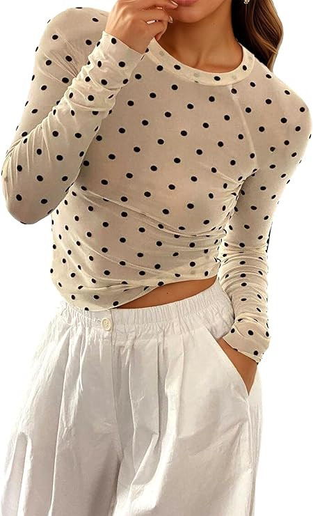 Floral Mesh Top for Women Crew Neck Long Sleeve See Through Tee Shirts Fitted Sexy Going Out Tops | Amazon (US)