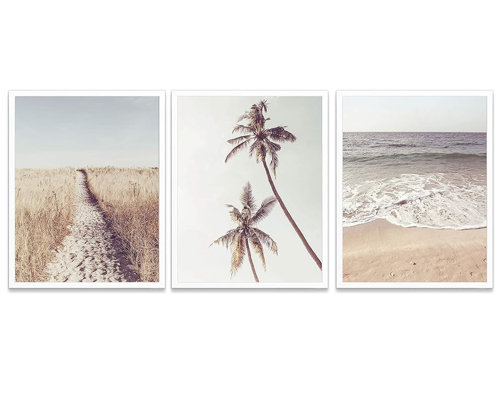 Beach Themed Photography Prints, Set of 3, Unframed, Coastal Palm Trees Waves Ocean Wall Art Deco... | Amazon (US)