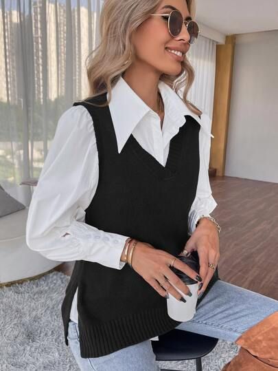 Split Hem Sweater Vest Without Blouse | SHEIN
