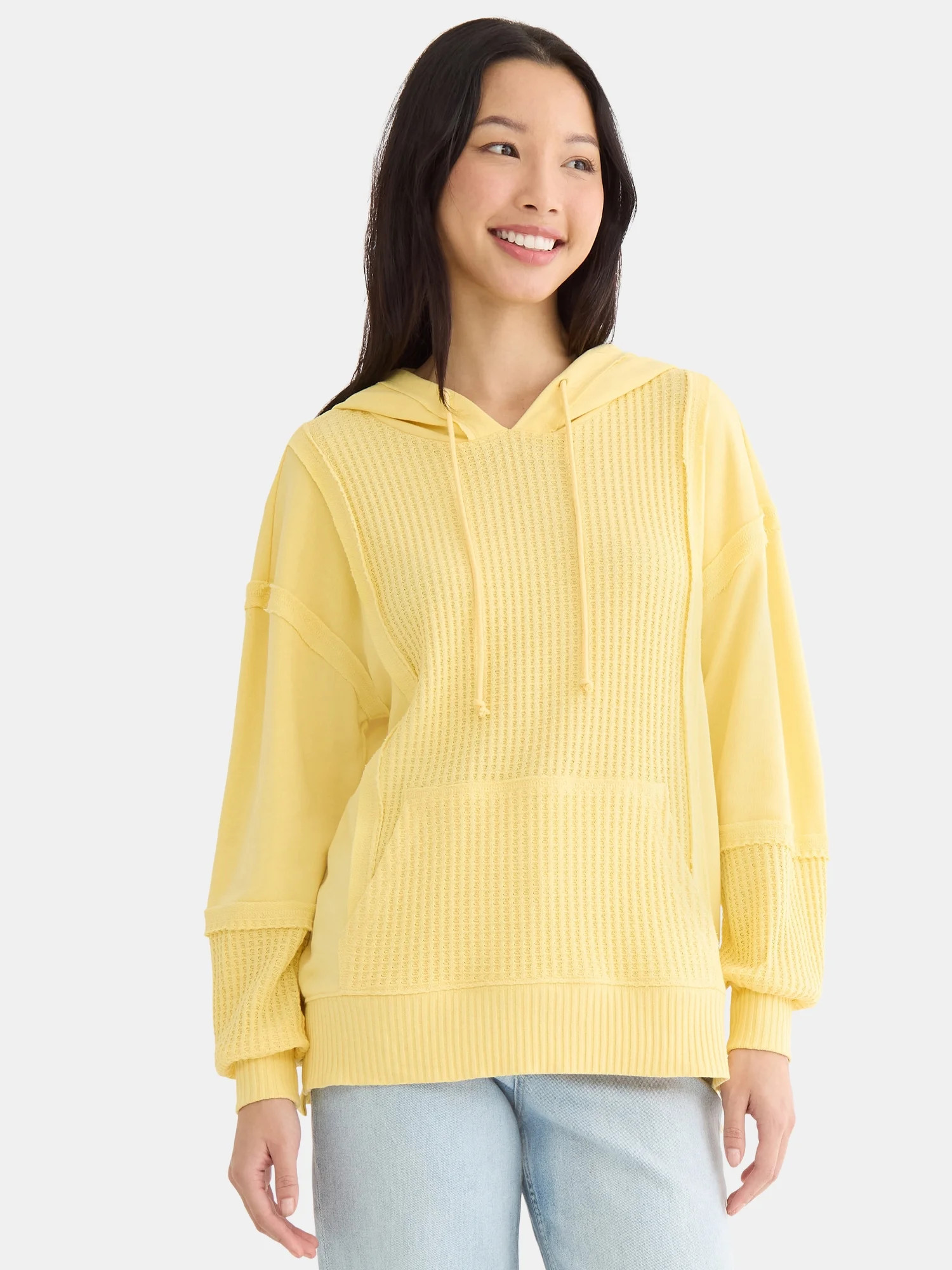 Time and Tru Women's Mixed Media Waffle Hoodie, Sizes XS-XXXL - Walmart.com | Walmart (US)