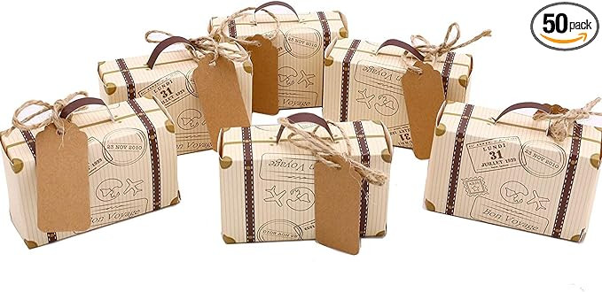 VGoodall 50pcs Mini Suitcase Favor Box Party Favor Candy Box, Vintage Kraft Paper with Tags and B... | Amazon (US)