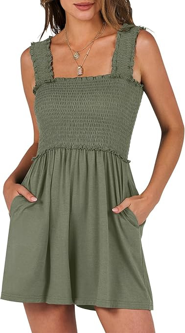 Caracilia Women's Summer Casual Sleeveless Rompers Smocked Tank Tops Short Jumpsuit Loose Beach V... | Amazon (US)
