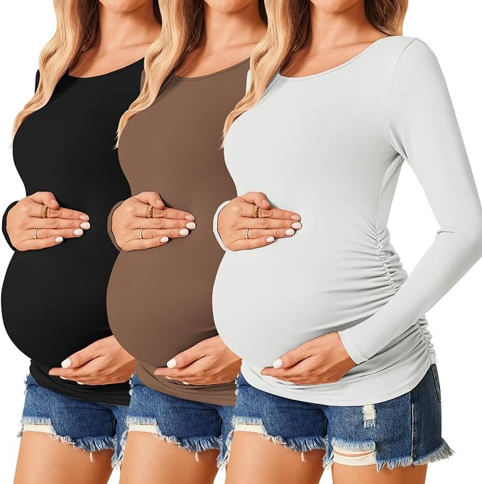 Ekouaer Womens Maternity Shirts Long Sleeve 3 Packs Pregnancy Tee Top Tunic Blouse Casual Mama Cl... | Amazon (US)