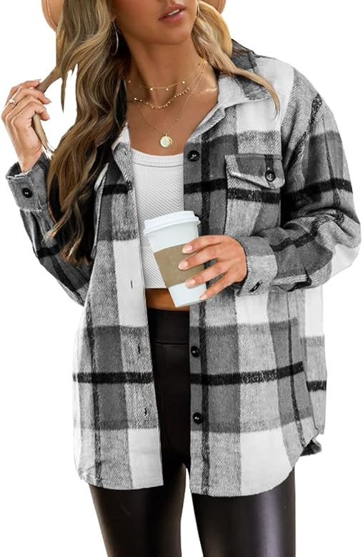 AUTOMET Womens Casual Plaid Shacket Wool Blend Button Down Long Sleeve Shirt Fall Jacket Shackets | Amazon (US)