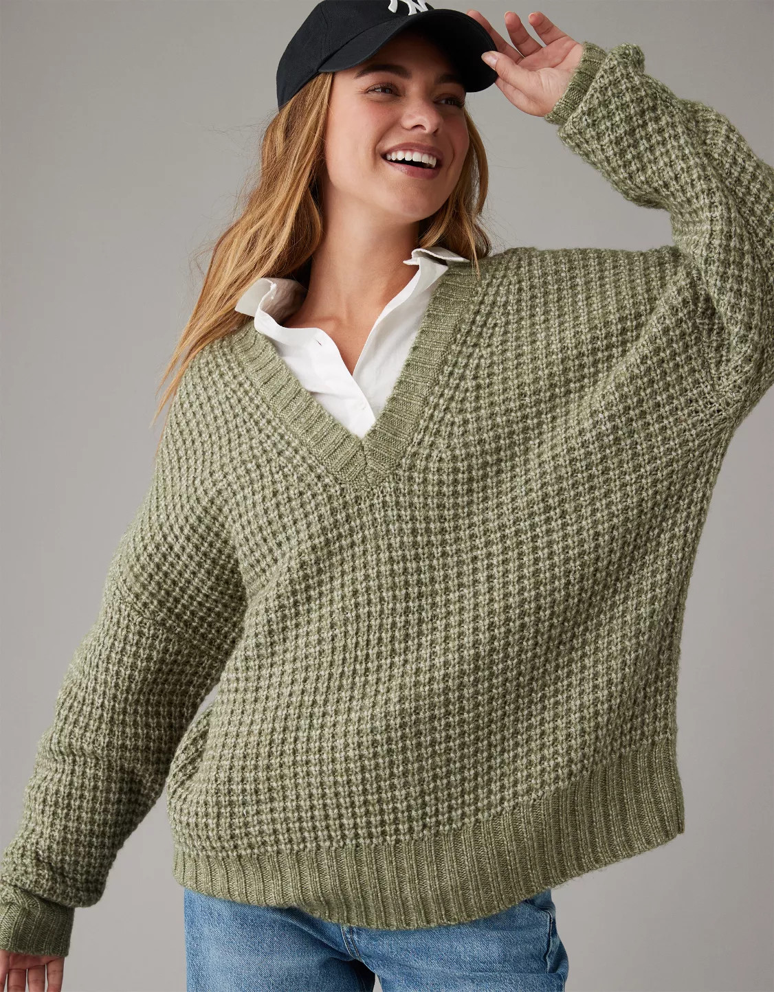 AE Whoa So Cozy Waffle V-Neck Sweater | American Eagle Outfitters (US & CA)
