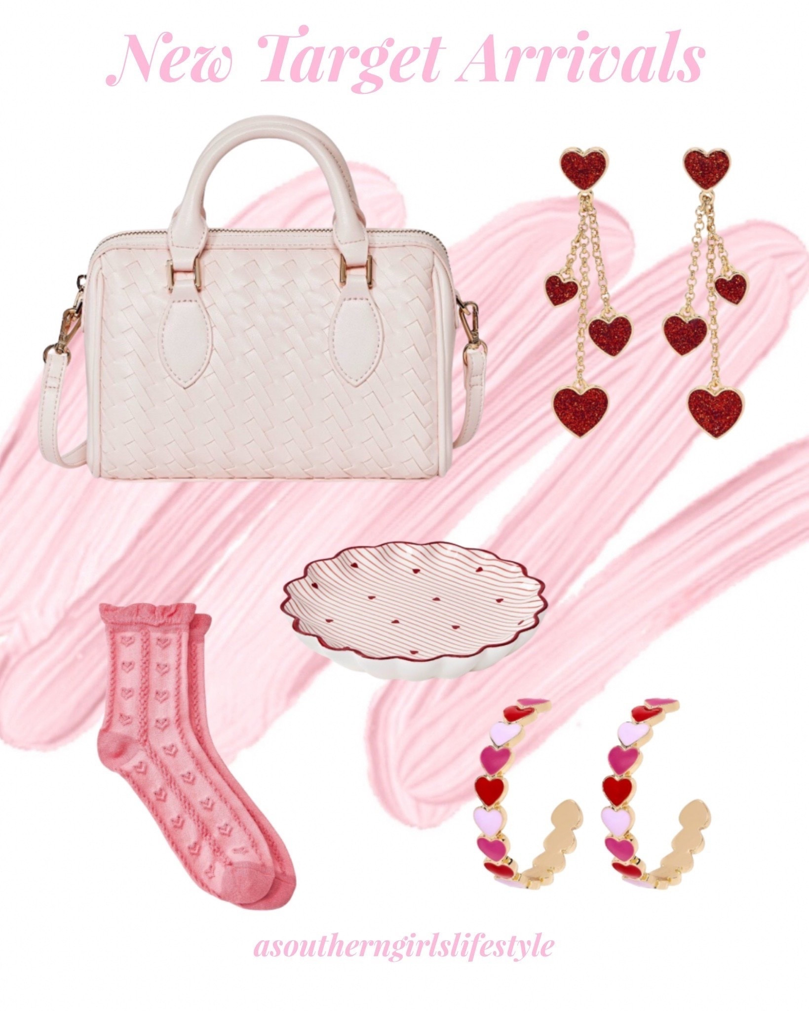 New Target Pink & Red Accesory Arrivals 

Pink Mini Bowler Crossbody Bag, Valentines Glitter Heart Post Drop Earring, Scallop Heart Tray, Ruffle Cuff Textured Hearts Valentine's Day Mid Crew Socks & Valentines Heart Hoops

Valentine’s Day Accessories. Jewelry 


#LTKSeasonal #LTKPetite #LTKFindsUnder50