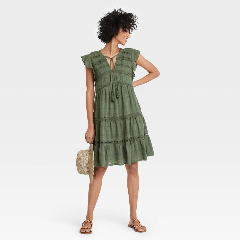 Women's Flutter Short Sleeve Peasant Shift Dress - Knox Rose Olive L, Green | Target