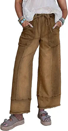 SHEWIN Women's Wide Leg Jeans High Waisted Baggy Jeans Stretchy Drawstring Denim Pants | Amazon (US)