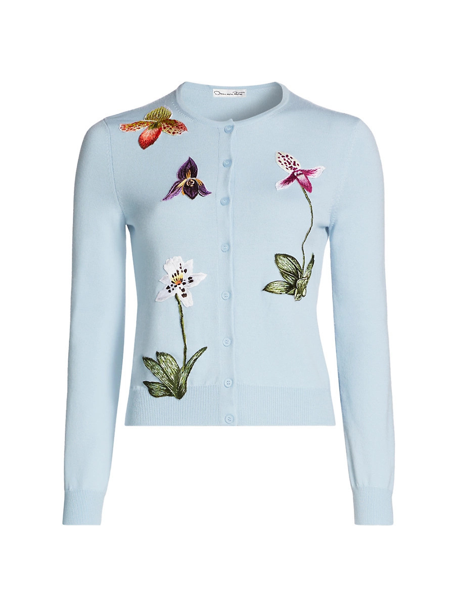 Women's Floral-Embroidered Wool Cardigan - Light Blue - Size Medium | Saks Fifth Avenue