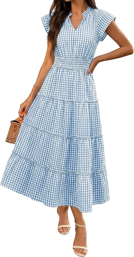 Caracilia Womens Summer Maxi Dresses Gingham Cap Sleeve A Line Dress Casual Flowy Tiered Midi Sun... | Amazon (US)