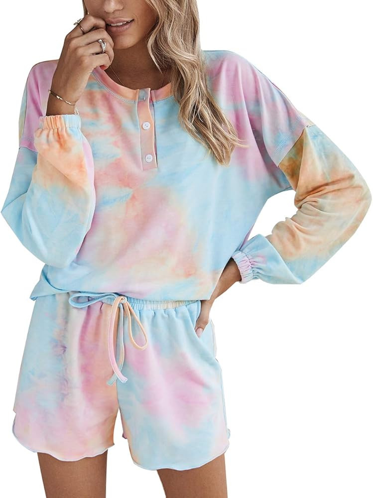BTFBM Women Pajamas Tie Dye Print Long Sleeve Shirt Elastic Drawstring Shorts Pant PJ Set Sleepwe... | Amazon (US)